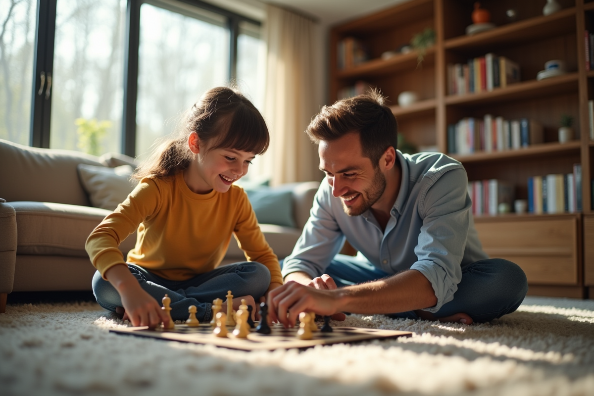 Père et fille jouant à un jeu de société dans le salon