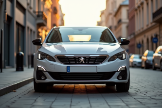 Voiture Peugeot 408 moderne en ville en vue frontale