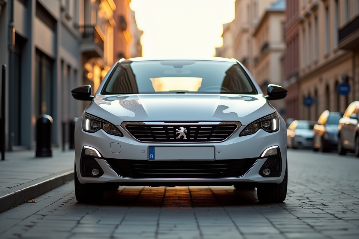 Voiture Peugeot 408 moderne en ville en vue frontale