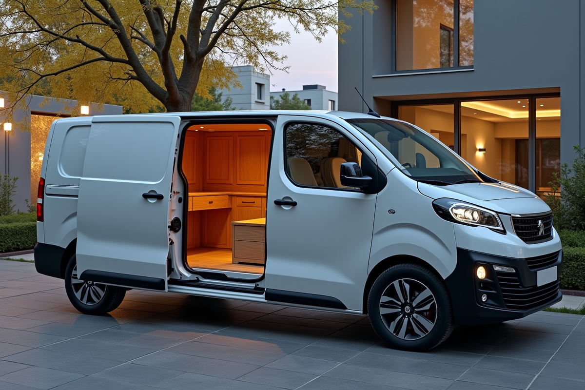 Peugeot Expert garé avec rangement en bois visible à l