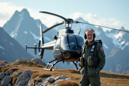 Pilote d'hélicoptère en montagne avec hélicoptère moderne