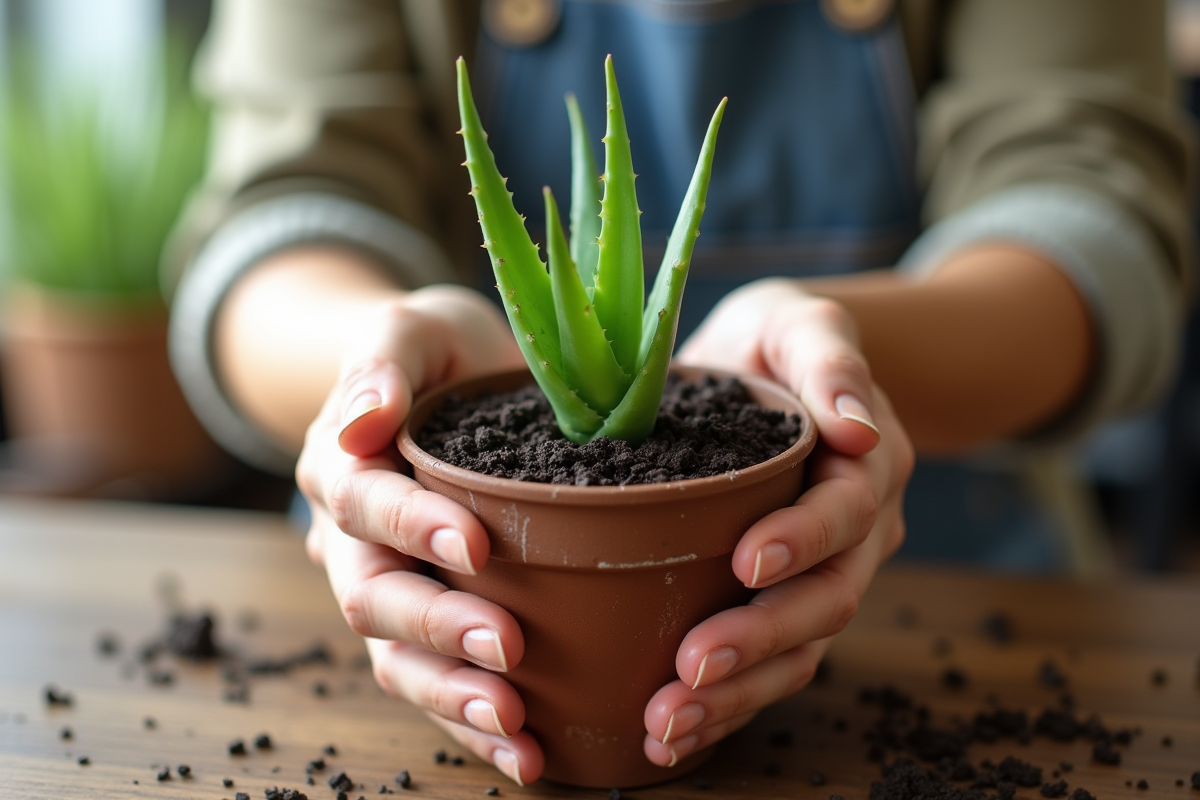 Mains plantant une aloe vera dans un pot en céramique