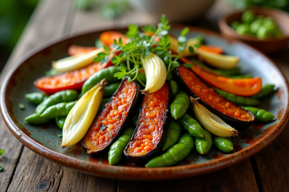 Plat vegetarien avec aubergine endives et edamame en gros plan