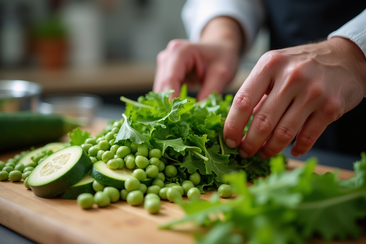 Cuisinier préparant une salade de légumes frais en cuisine