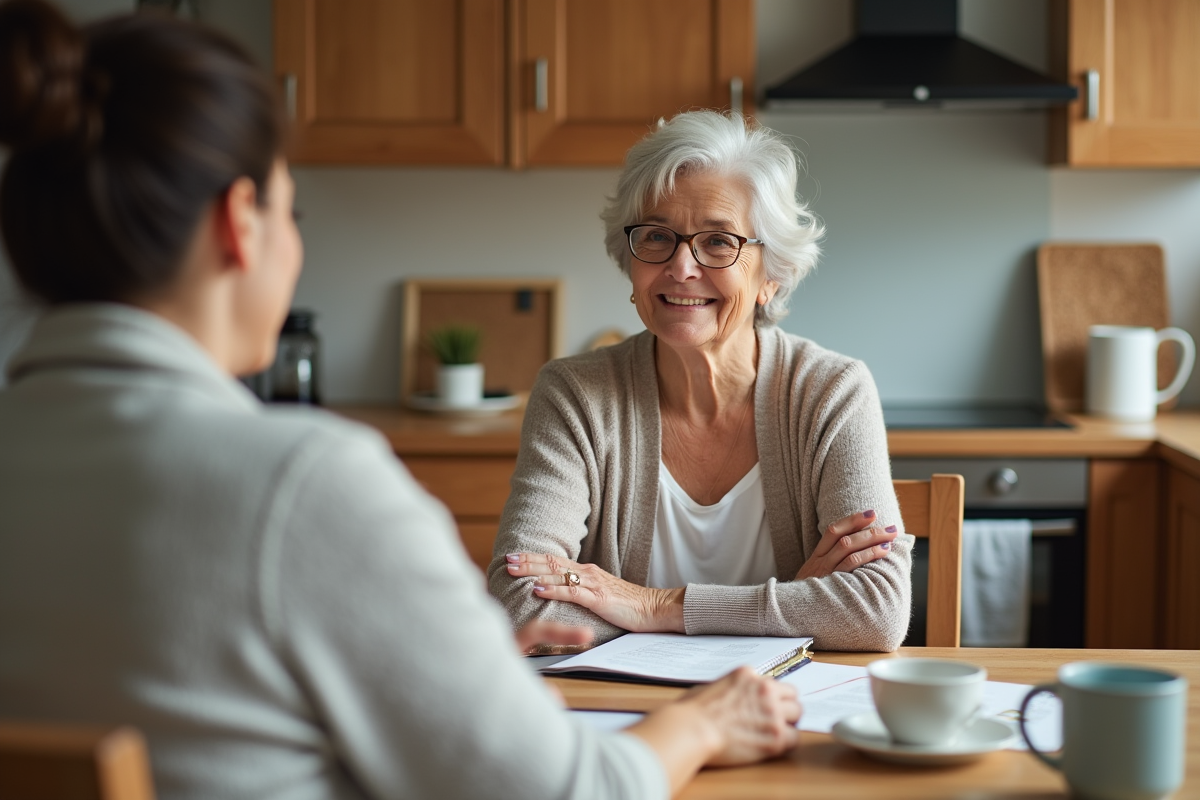 Femme retraitée parlant avec un conseiller dans une cuisine lumineuse