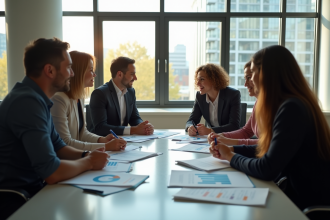 Réunion d'affaires dans un bureau moderne avec collègues divers