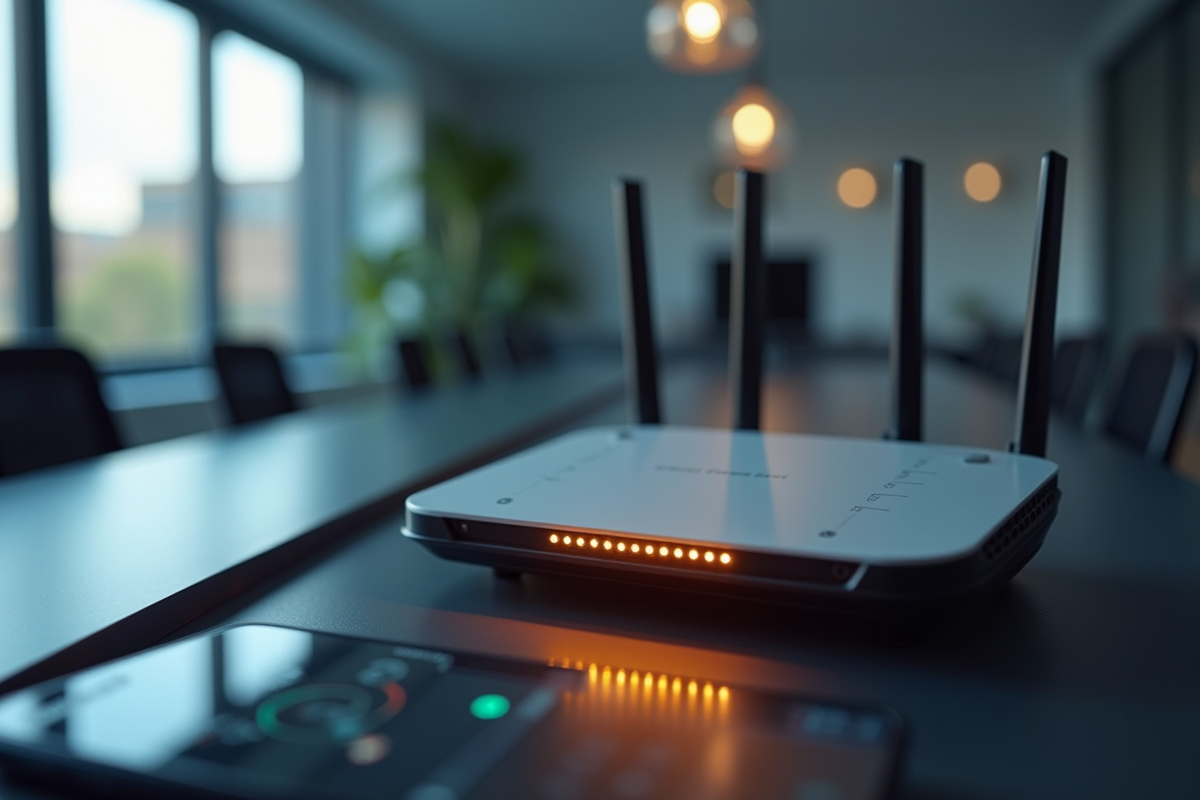 Routeur wifi avec indicateurs lumineux et smartphone test de vitesse dans un bureau moderne