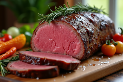 Rôti de boeuf tranché avec garniture de romarin et légumes