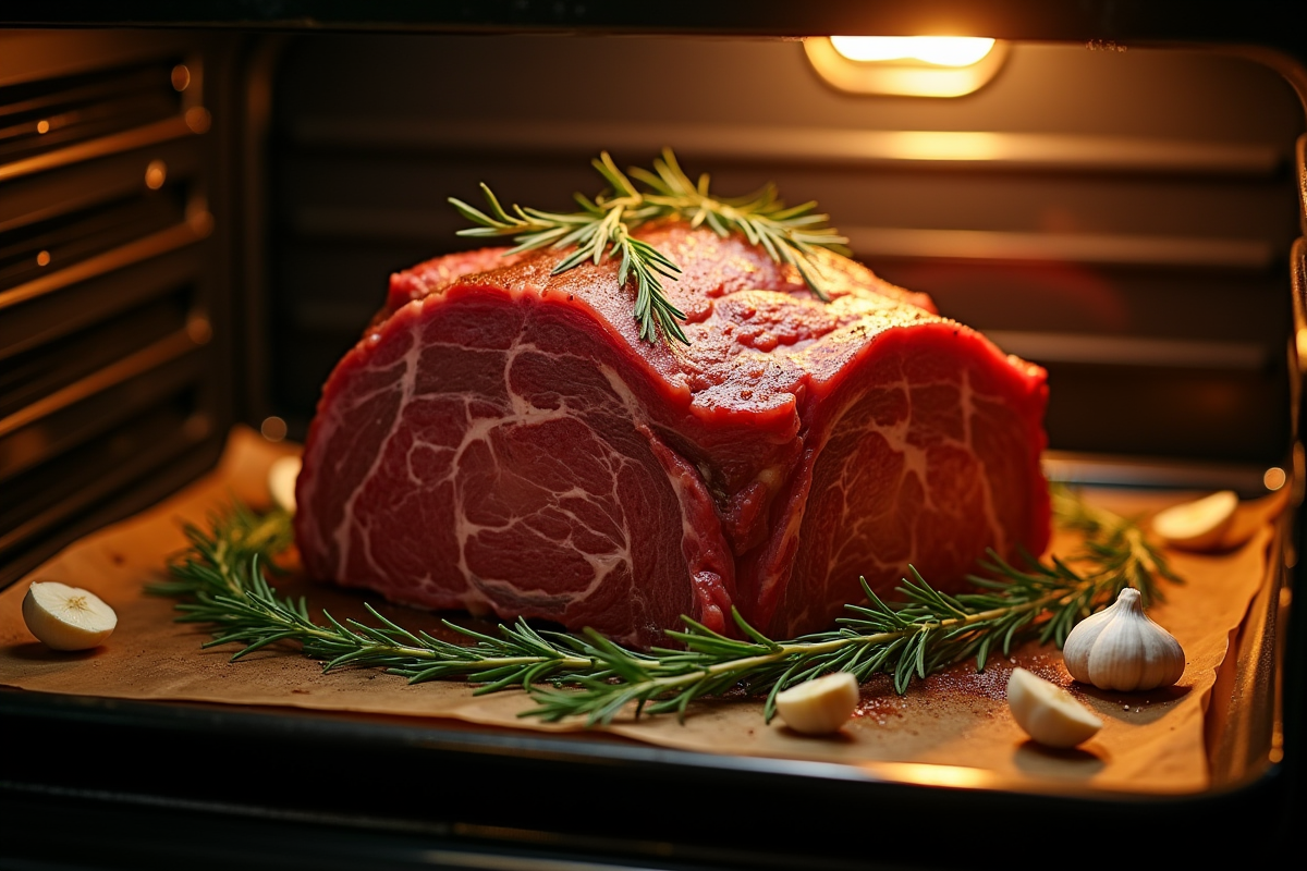 Rôti de boeuf en cuisson dans le four avec herbes et ail