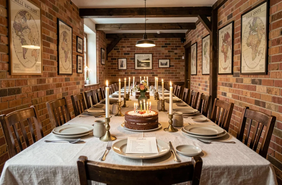 Salle privatisée dans une brasserie lilloise décorée pour un repas d'anniversaire avec grande table et décoration vintage
