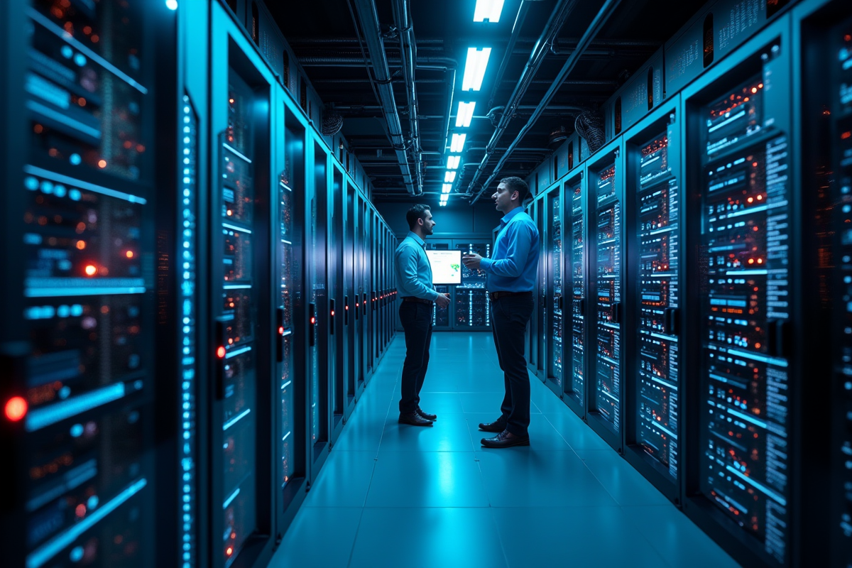 Centre de données futuriste avec serveurs lumineux et ingénieurs