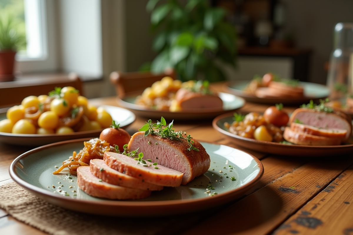 Table en bois avec boudin blanc et pommes de terre