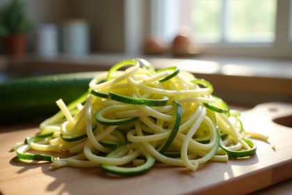 Courgettes en spirale fraîches sur planche en bois pour l'article