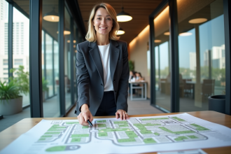Urbaniste femme pointant un plan de zonage dans un bureau moderne