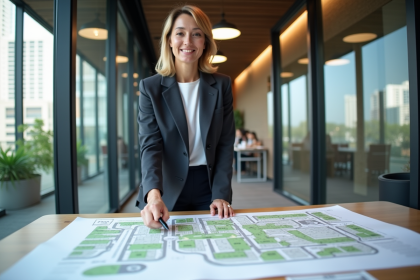 Urbaniste femme pointant un plan de zonage dans un bureau moderne
