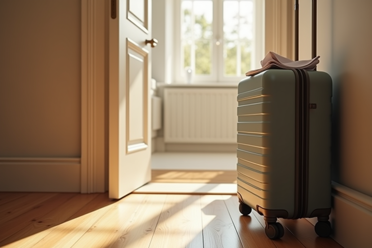 Valise prête à partir dans un couloir lumineux avec clés et note