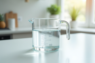 Verre mesureur rempli de 200 ml d'eau sur plan de cuisine
