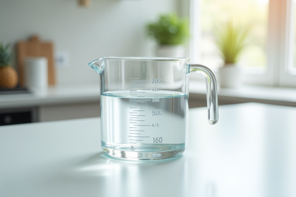 Verre mesureur rempli de 200 ml d'eau sur plan de cuisine