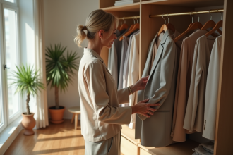 Femme élégante choisissant un blazer dans une armoire lumineuse